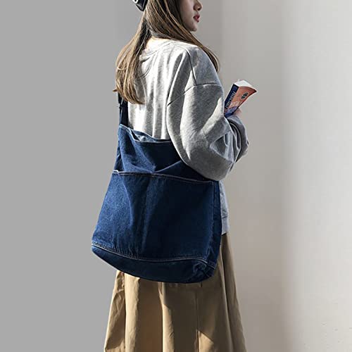 AIEOE Denim Hobo Bags for Women Handbags School Vintage Messenger Bag Jean Backpack Aesthetic Crossbody Tote Navy Blue