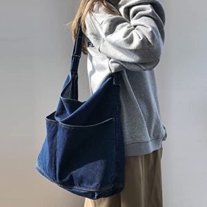 AIEOE Denim Hobo Bags for Women Handbags School Vintage Messenger Bag Jean Backpack Aesthetic Crossbody Tote Navy Blue