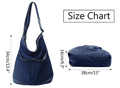 AIEOE Denim Hobo Bags for Women Handbags School Vintage Messenger Bag Jean Backpack Aesthetic Crossbody Tote Navy Blue