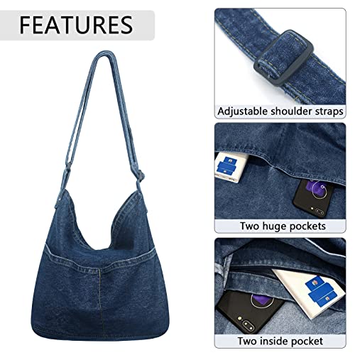 AIEOE Denim Hobo Bags for Women Handbags School Vintage Messenger Bag Jean Backpack Aesthetic Crossbody Tote Navy Blue