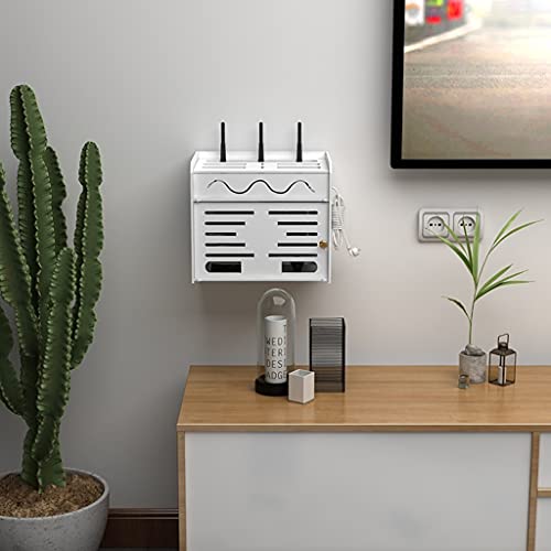 Router Storage Box,3-Layer Bracket Floating Wall Shelf Solid Wood WiFi Router Storage Rack Desktop Ornament Storage Box (Color : White, Size : 31×21.5×27cm)