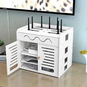 Router Storage Box,3-Layer Bracket Floating Wall Shelf Solid Wood WiFi Router Storage Rack Desktop Ornament Storage Box (Color : White, Size : 31×21.5×27cm)