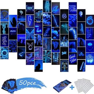 bathtoi blue aesthetic wall decor, 50 pcs neon photo wall collage kit aesthetic pictures, neon posters room decor for teen girls, aesthetic wall collage kit, poster packs for room aesthetic