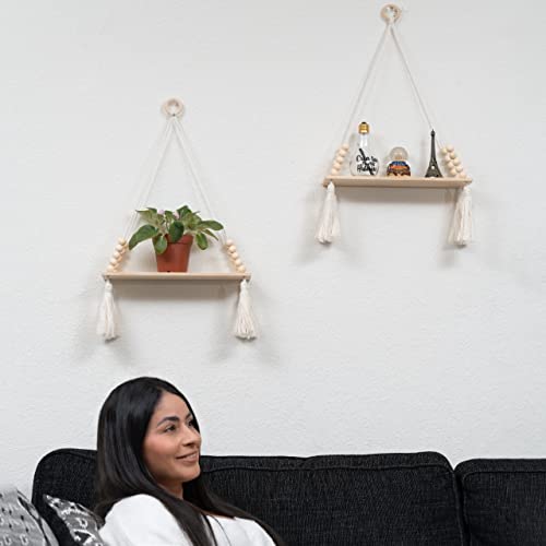 GeddStore Hanging Shelves for Wall (Set of 2), Lightweight Macrame Hanging Shelf, Cute Boho Shelves for Bedroom, Bathroom & Living Room, Ready to Hang