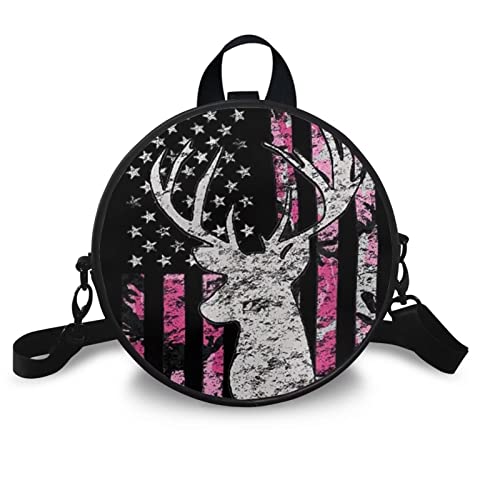 Tisuoting Pink American Flag Deer Hunting Camo PU Leather Backpack Small Cross Body Shoulder Purse with Adjustable Strap Casual Bookbag Daypack