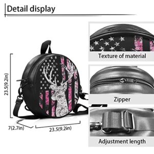 Tisuoting Pink American Flag Deer Hunting Camo PU Leather Backpack Small Cross Body Shoulder Purse with Adjustable Strap Casual Bookbag Daypack