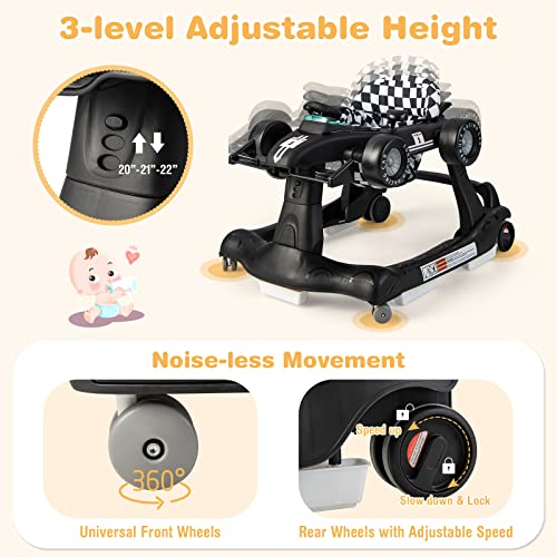 GLACER 4-in-1 Baby Walker, Folding Infant Walker with Adjustable Height & Speed, Music Box with Light, Steering Wheel, Soft Cushion, Toddler Toy Activity Center for Babies Aged 6-18 Months