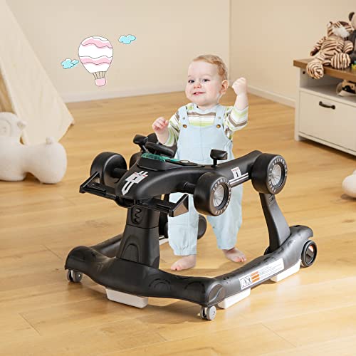 GLACER 4-in-1 Baby Walker, Folding Infant Walker with Adjustable Height & Speed, Music Box with Light, Steering Wheel, Soft Cushion, Toddler Toy Activity Center for Babies Aged 6-18 Months