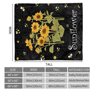 Sowide Sunflower Blanket Gifts for Women, Sunflower Bee Spring Throw Blanket, Flower Warm Soft Lightweight Blanket, Black Yellow Flannel Cozy Plush for Adult Teens, Home, Living Room, Office, 50"x60"