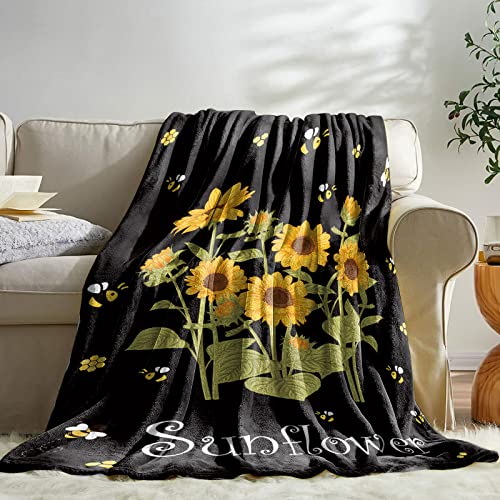 Sowide Sunflower Blanket Gifts for Women, Sunflower Bee Spring Throw Blanket, Flower Warm Soft Lightweight Blanket, Black Yellow Flannel Cozy Plush for Adult Teens, Home, Living Room, Office, 50"x60"