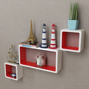 kagoono floating shelves wall shelves, hanging shelves wall mounted cube shelves, display shelves home decoration ledge, for bedroom/living room, set of 3 different sizes, white-red