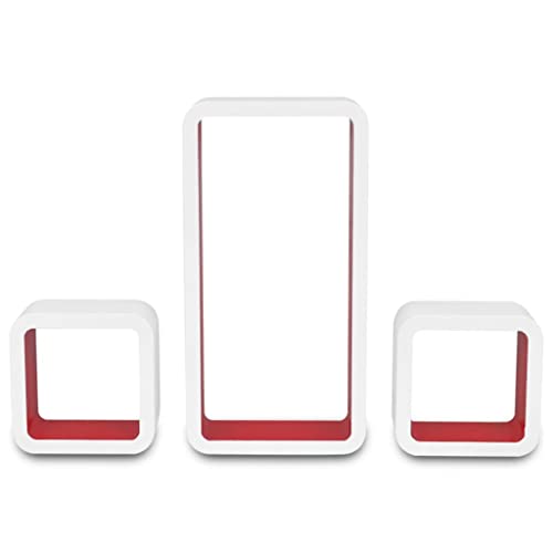 Kagoono Floating Shelves Wall Shelves, Hanging Shelves Wall Mounted Cube Shelves, Display Shelves Home Decoration Ledge, for Bedroom/Living Room, Set of 3 Different Sizes, White-Red