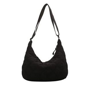 retro embroidered plaid nylon shoulder bag tote bag for fall winter, aesthetic harajuku handbag fluffy y2k messenger bag (black)