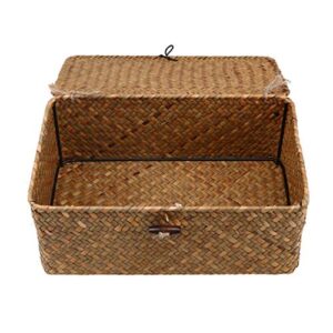 gatuida hand-woven rectangular wicker baskets with lids, seagrass storage baskets with button multipurpose container for desktop home decor, size l