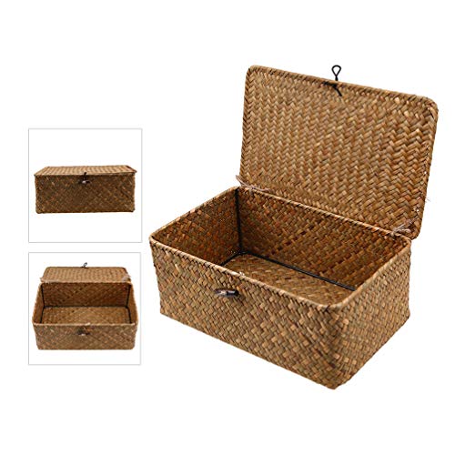 Gatuida Hand-Woven Rectangular Wicker Baskets with Lids, Seagrass Storage Baskets with Button Multipurpose Container for Desktop Home Decor, Size L