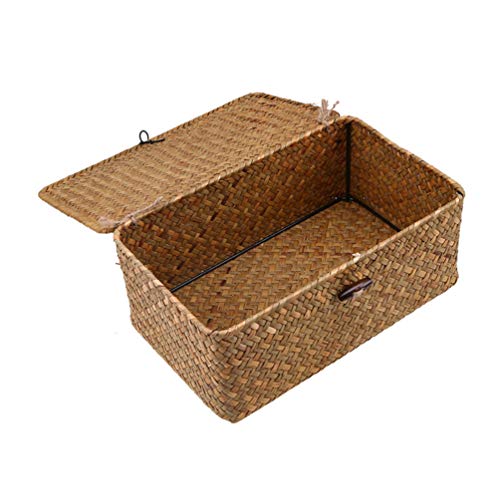 Gatuida Hand-Woven Rectangular Wicker Baskets with Lids, Seagrass Storage Baskets with Button Multipurpose Container for Desktop Home Decor, Size L