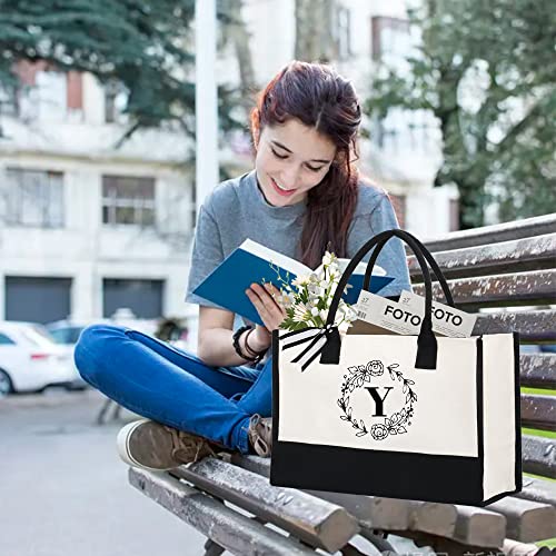 SUNELGIRL Personalized Initial Canvas Bag, Beach Bag, Monogrammed Gift Tote Bag for Women, Mom, Friends, Bridesmaids (Y)