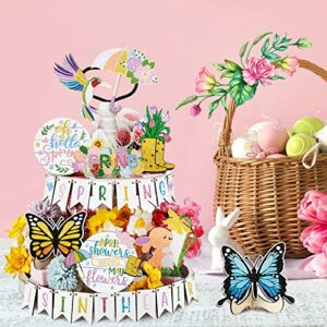 Marsui 27 Pieces Hello Spring Tiered Tray Decor Set Spring Flowers Butterfly Tiered Tray Decorations Spring Table Wooden Sign Rustic Farmhouse Decor for Spring Easter Home Kitchen Party Decor (Null)