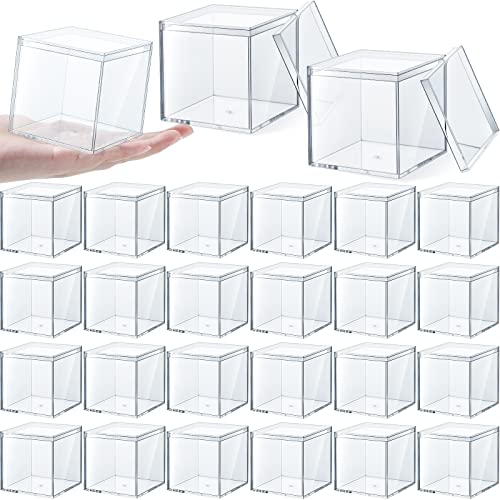 Yulejo Clear Acrylic Box with Lid Plastic Square Cube Display for Storage Stackable Container Pill Candy Jewelry Gift Card Party Favors 2.9 x Inch (24 Pieces)