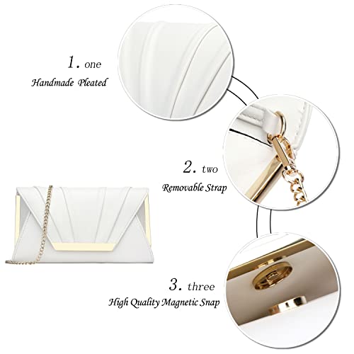 KKXIU Charming Pleated Satin Clutch Evening Purse and Handbag for Women Leather Crossbody Wedding Party Bridal Bag (Cream White)