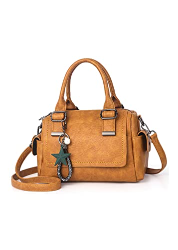 GJGJTER Women Star Pendant Tote Bag Soft Leather Boston Bags Shoulder Bags Satchel Purse-Brown