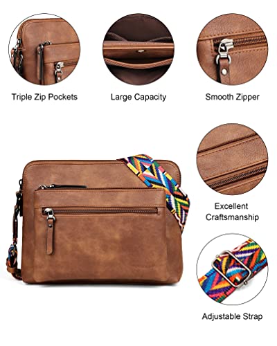 MASINTOR Crossbody Purses for Women Crossbody Bag, Triple Zip Pockets Adjustable Wide Strap, Soft Leather Medium Women's Crossbody Handbags