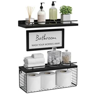 wopitues floating shelves with bathroom wall décor sign, farmhouse wood bathroom wall shelves over toilet with paper storage basket set of 3, rustic floating shelf with guardrail–deep black