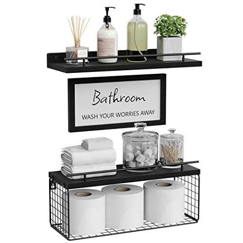 WOPITUES Floating Shelves with Bathroom Wall Décor Sign, Farmhouse Wood Bathroom Wall Shelves Over Toilet with Paper Storage Basket Set of 3, Rustic Floating Shelf with Guardrail–Deep Black