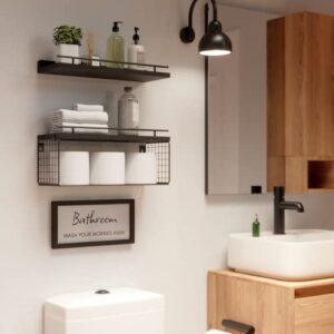 WOPITUES Floating Shelves with Bathroom Wall Décor Sign, Farmhouse Wood Bathroom Wall Shelves Over Toilet with Paper Storage Basket Set of 3, Rustic Floating Shelf with Guardrail–Deep Black