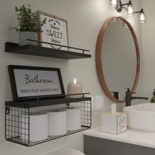 WOPITUES Floating Shelves with Bathroom Wall Décor Sign, Farmhouse Wood Bathroom Wall Shelves Over Toilet with Paper Storage Basket Set of 3, Rustic Floating Shelf with Guardrail–Deep Black