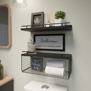 WOPITUES Floating Shelves with Bathroom Wall Décor Sign, Farmhouse Wood Bathroom Wall Shelves Over Toilet with Paper Storage Basket Set of 3, Rustic Floating Shelf with Guardrail–Deep Black