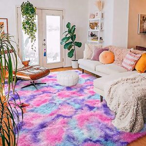 homore soft fluffy rug for bedroom, tie dye rugs for living room, non slip shaggy plush carpet for kids nursery toddler, 4×6 feet area rugs for room floor, hot pink