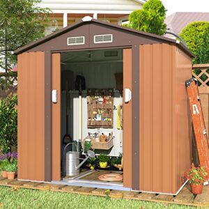 JAXPETY 4.2' x 7' Storage Outdoor Shed, Metal Shed Outdoor Storage with Lockable/Sliding Doors, Steel Utility Tool Shed with Floor Frame for Garden Patio Backyard Lawn, Coffee