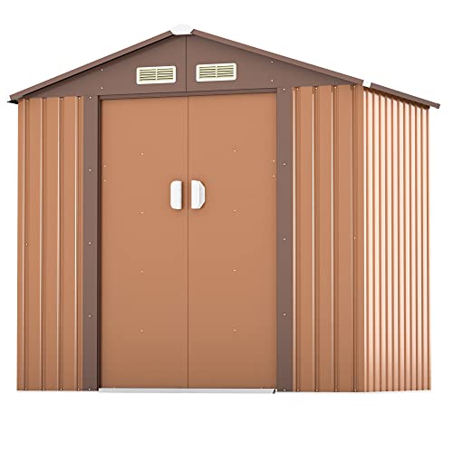 JAXPETY 4.2' x 7' Storage Outdoor Shed, Metal Shed Outdoor Storage with Lockable/Sliding Doors, Steel Utility Tool Shed with Floor Frame for Garden Patio Backyard Lawn, Coffee