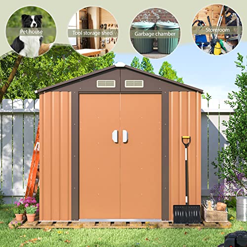 JAXPETY 4.2' x 7' Storage Outdoor Shed, Metal Shed Outdoor Storage with Lockable/Sliding Doors, Steel Utility Tool Shed with Floor Frame for Garden Patio Backyard Lawn, Coffee