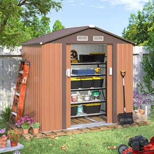 JAXPETY 4.2' x 7' Storage Outdoor Shed, Metal Shed Outdoor Storage with Lockable/Sliding Doors, Steel Utility Tool Shed with Floor Frame for Garden Patio Backyard Lawn, Coffee