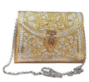 trend overseas golden metal bridal bag brass metal clutch sling bag ethnic antique clutch, golden