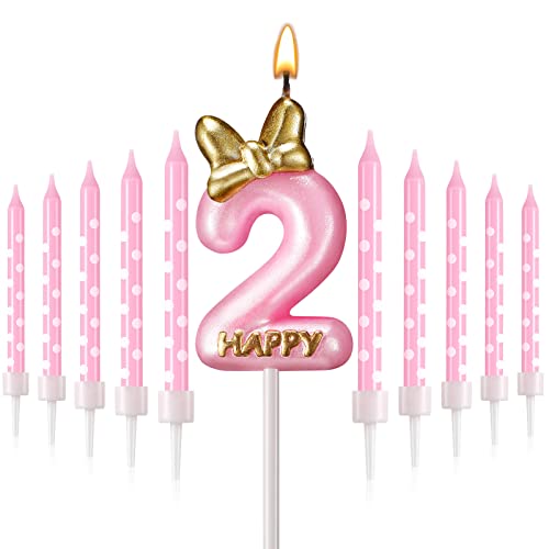 11 Pieces 2 Birthday Candle Girl Pink Number Birthday Cake Topper 2 Years Old Birthday Candle with White Dot Birthday Long Candles for Cake Topper Birthday Baking Decor Supplies, 2 Styles()