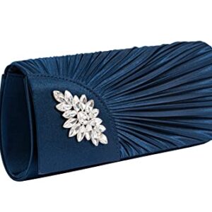 Mulian LilY Navy Blue Evening Bags For Women Pleated Satin Rhinestone Crystal Brooch Prom Clutch Purse With Detachable Chain Strap M272