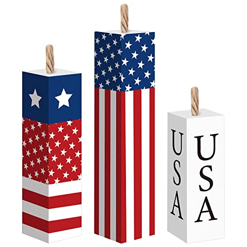 3 Pieces 4th of July Tiered Tray Decor Wood Memorial Day Decorations Wooden Firework Patriotic Rustic Centerpieces Farmhouse Independence Day Wooden Table Decoration for Home Tables (Star)