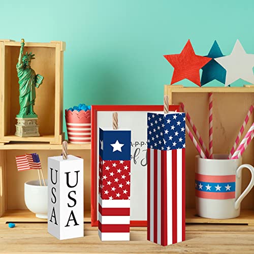 3 Pieces 4th of July Tiered Tray Decor Wood Memorial Day Decorations Wooden Firework Patriotic Rustic Centerpieces Farmhouse Independence Day Wooden Table Decoration for Home Tables (Star)