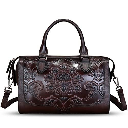 Genuine Leather Satchel for Women Embossed Leather Handbag Top Handle Bags Handmade Purse Crossbody Handbags Tote Bag (Coffee)