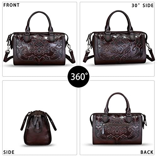 Genuine Leather Satchel for Women Embossed Leather Handbag Top Handle Bags Handmade Purse Crossbody Handbags Tote Bag (Coffee)