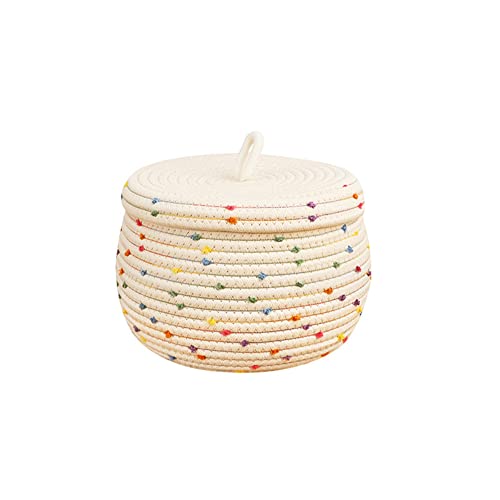 Round Cotton Storage Rope Basket with Lid Colored Dots Woven Basket Decorative Snack Toys Sundries Storage Basket for Office Home Desktop Organizing