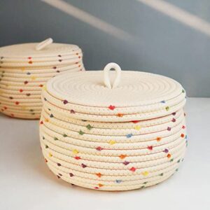 Round Cotton Storage Rope Basket with Lid Colored Dots Woven Basket Decorative Snack Toys Sundries Storage Basket for Office Home Desktop Organizing