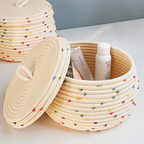 Round Cotton Storage Rope Basket with Lid Colored Dots Woven Basket Decorative Snack Toys Sundries Storage Basket for Office Home Desktop Organizing