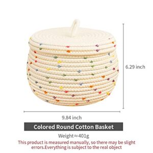 Round Cotton Storage Rope Basket with Lid Colored Dots Woven Basket Decorative Snack Toys Sundries Storage Basket for Office Home Desktop Organizing