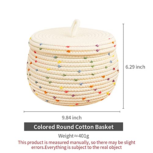 Round Cotton Storage Rope Basket with Lid Colored Dots Woven Basket Decorative Snack Toys Sundries Storage Basket for Office Home Desktop Organizing