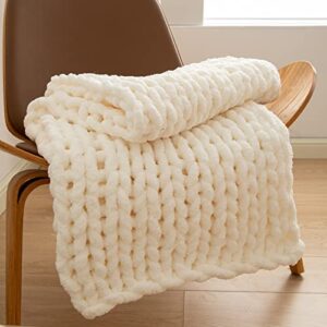 weshiongoo chunky knit blanket throw cable knit throw blanket for couch bed throw blanket with jumbo chenille yarn thick 100% handmade (cream white, 40″×40″)