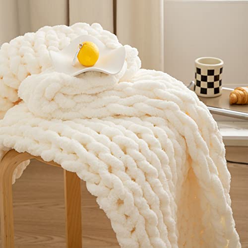 WESHIONGOO Chunky Knit Blanket Throw Cable Knit Throw Blanket for Couch Bed Throw Blanket with Jumbo Chenille Yarn Thick 100% Handmade (Cream White, 40"×40")